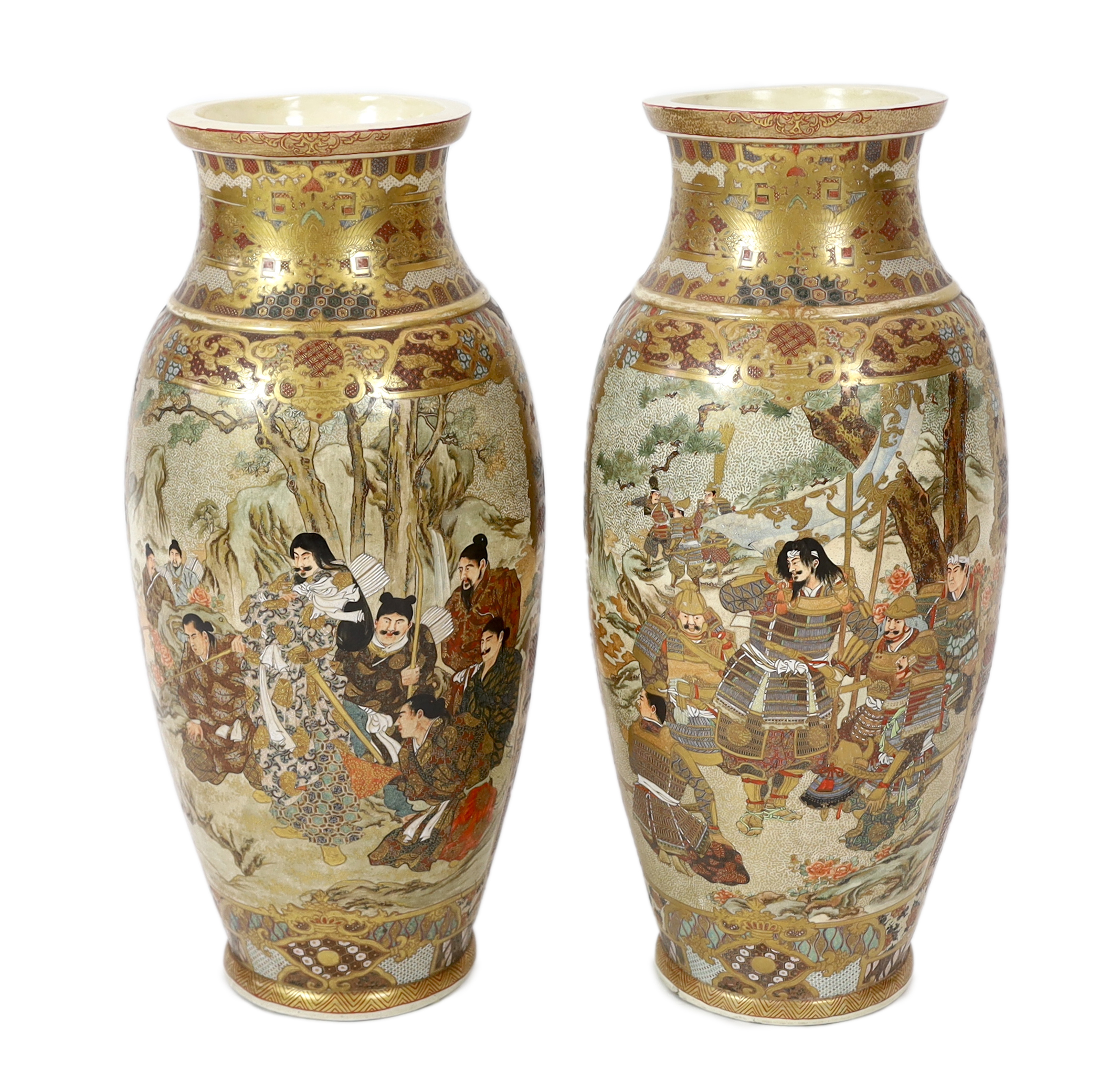 A pair of large Japanese Satsuma pottery 'Samurai' vases, Meiji period, one vase restored